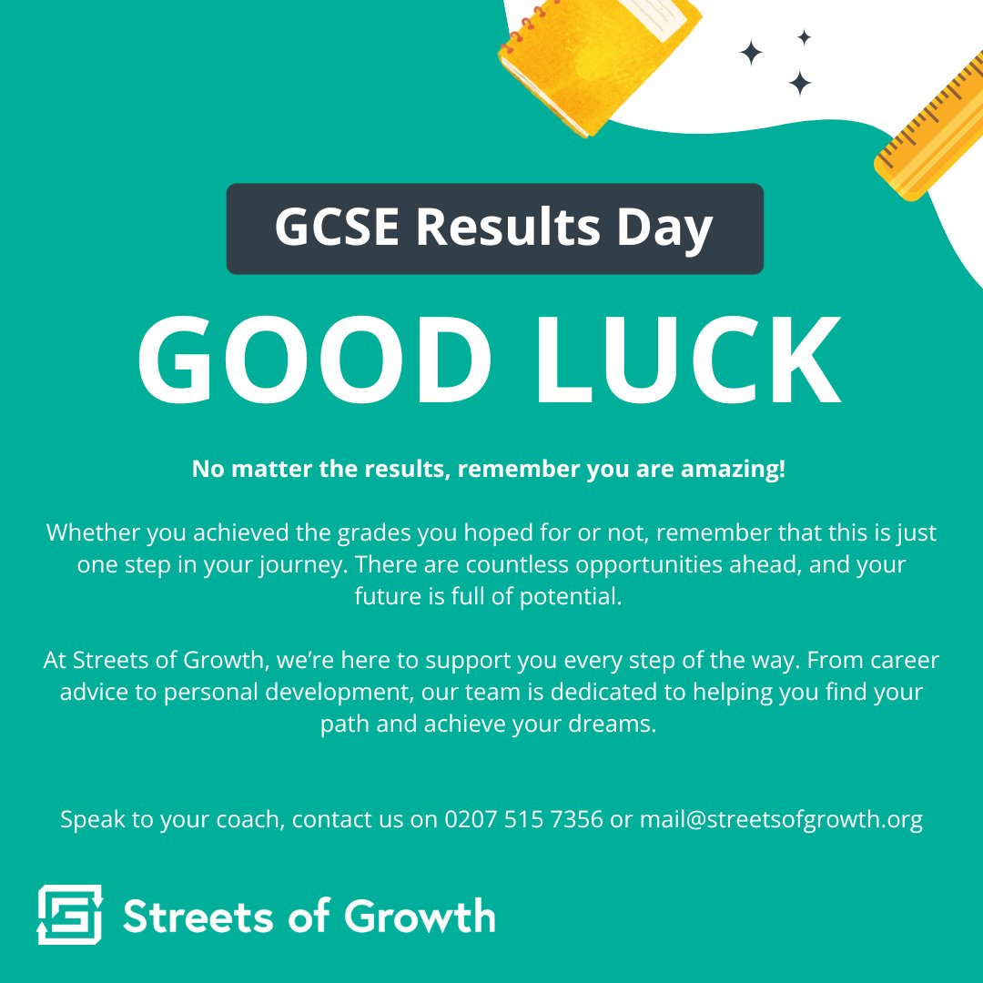 Streets of Growth (@sogrowth) on Twitter photo At Streets of Growth, we’re here to support you every step of the way. From career advice to personal development, our team is dedicated to helping you find your path and achieve your dreams.
Speak to your coach, contact us on 0207 515 7356 or mail@streetsofgrowth.org At Streets of Growth, we’re here to support you every step of the way. From career advice to personal development, our team is dedicated to helping you find your path and achieve your dreams.
Speak to your coach, contact us on 0207 515 7356 or mail@streetsofgrowth.org