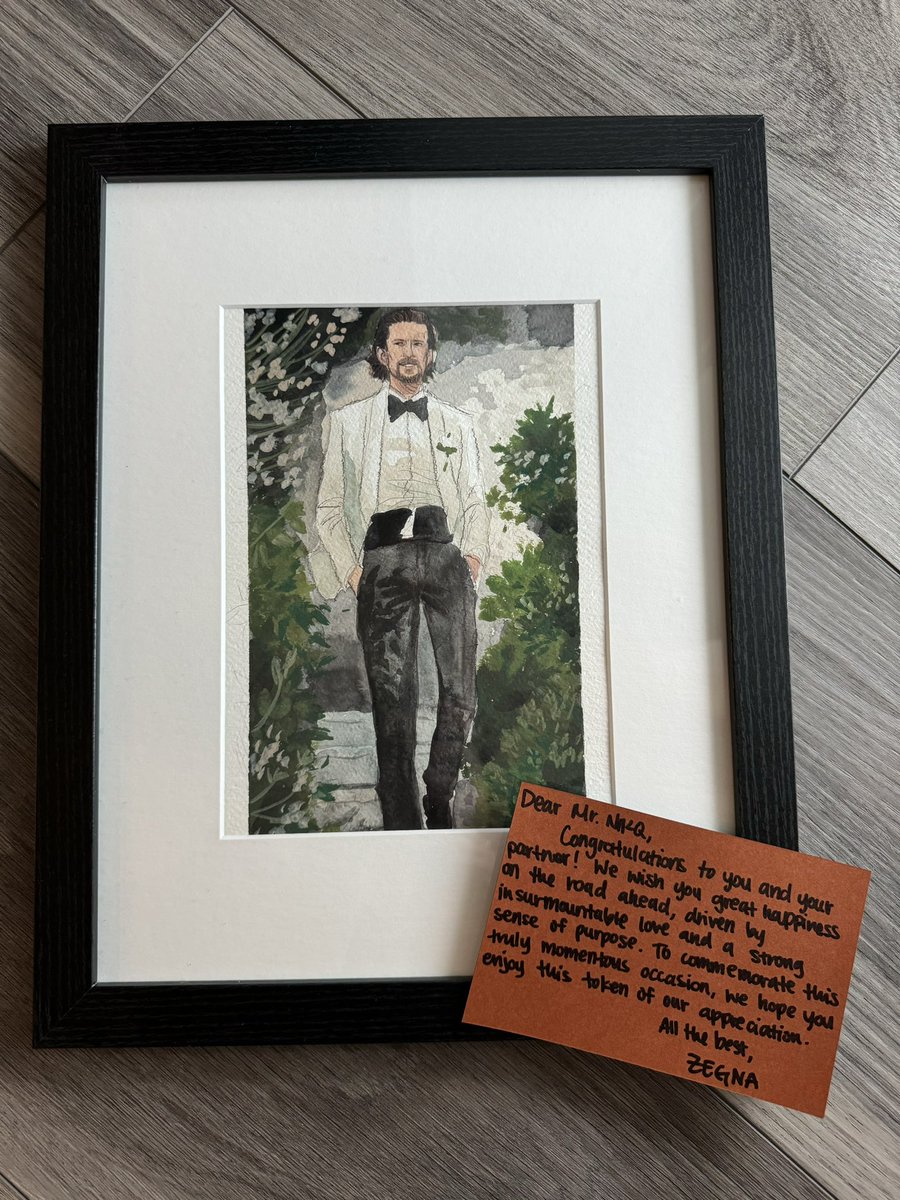 donjetahox's tweet photo. So nice of @Zegna to send this beautiful framed painting to my husband as a wedding gift. Now that’s customer service 🤍 https://t.co/SSFe5q2paS