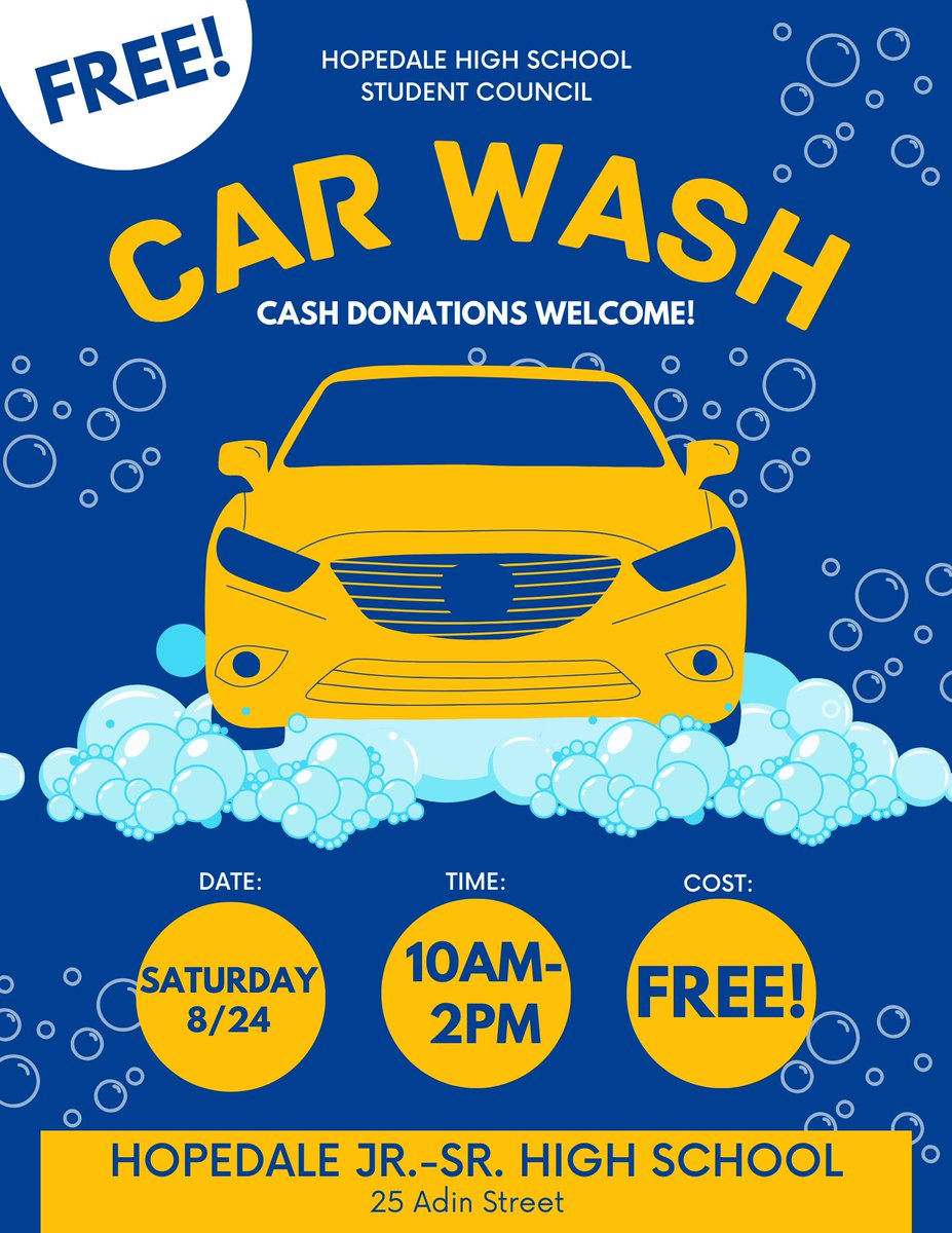 🚗✨Join us this Saturday 8/24 from 10AM-2PM for our "End of Summer Car Wash" in the high school parking lot! Expect splashes and laughs as we get your cars sparkling clean! Bring your dirty cars and let’s make them shine!🌟 <a href="/hopedalejshs/">Hopedale Jr-Sr HS</a> <a href="/DerekAtherton1/">Derek Atherton</a> <a href="/kcrebasehps/">Karen Crebase</a>