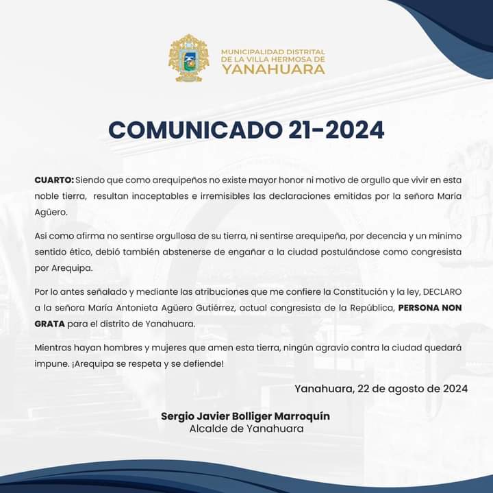 La Municipalidad de Yanahuara declara persona non grata a la congresista <a href="/MariaAguerogut1/">María Agüero Gutiérrez</a> para el distrito.

La parlamentaria es cuestionada por una entrevista en la cual señala que "no se siente arequipeña", pero también por denigrar a instituciones emblemáticas de la ciudad.