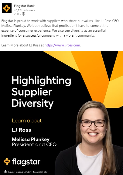 LJRossAssociate's tweet photo. An honor to be recognized by Flagstar Bank for our shared values and long-standing partnership.
We prioritize the consumer experience, with diversity at the heart of our success. Learn more: https://t.co/k7uH3Ziux1
#SupplierDiversity
#WomanOwned
#CertifiedWBE
#ProudPartner https://t.co/1ygta3uiUg