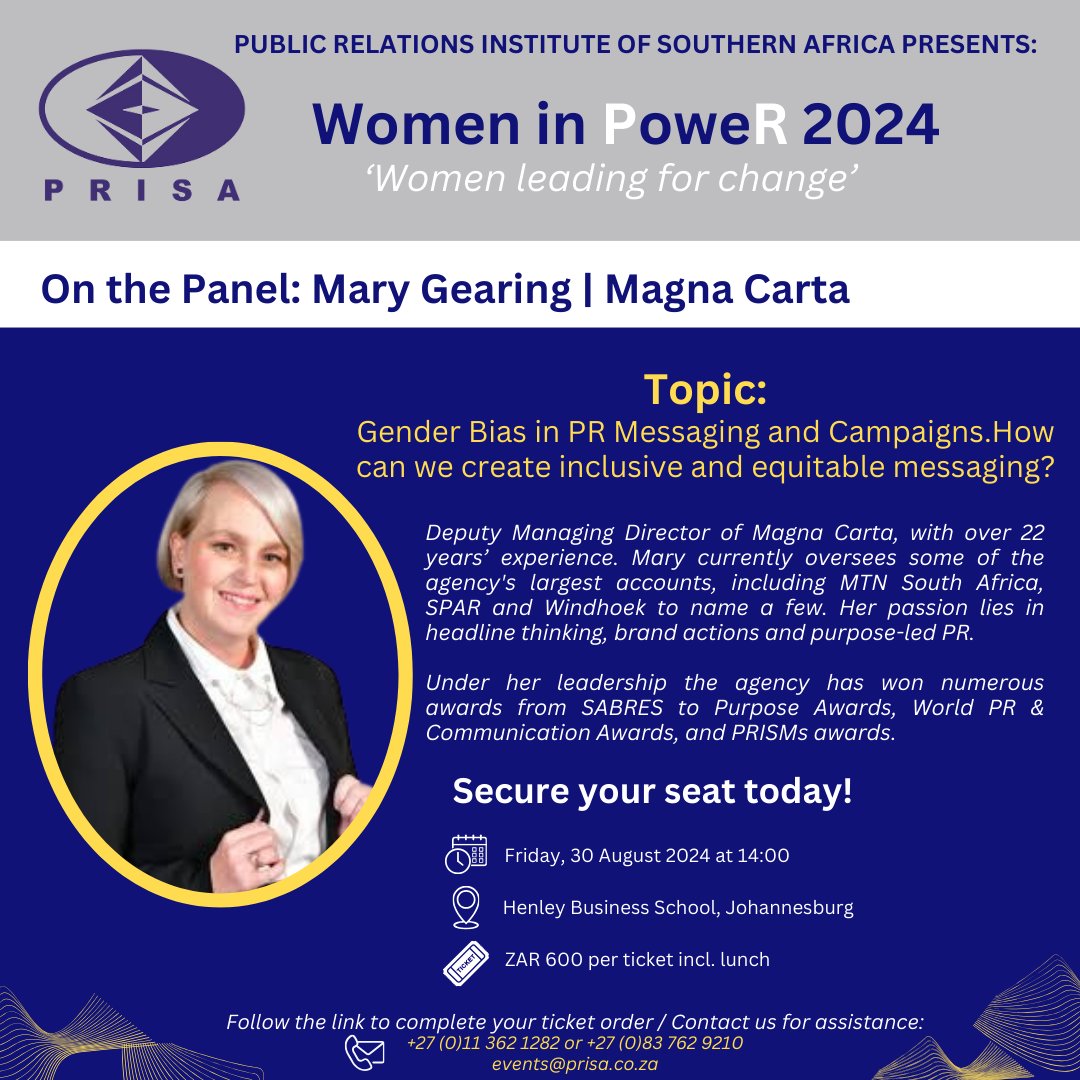 PRISA (@prisa_africa) on Twitter photo Catch Mary Gearing, Deputy Managing Director of Magna Carta at our upcoming Women in Power event on 30th August <a href="/HenleyAfrica/">Henley Africa</a>. Mary will be discussing Gender Bias in PR Messaging and Campaigns.
Join us: forms.gle/mVMxZ8zM84obLW… Catch Mary Gearing, Deputy Managing Director of Magna Carta at our upcoming Women in Power event on 30th August <a href="/HenleyAfrica/">Henley Africa</a>. Mary will be discussing Gender Bias in PR Messaging and Campaigns.
Join us: forms.gle/mVMxZ8zM84obLW…