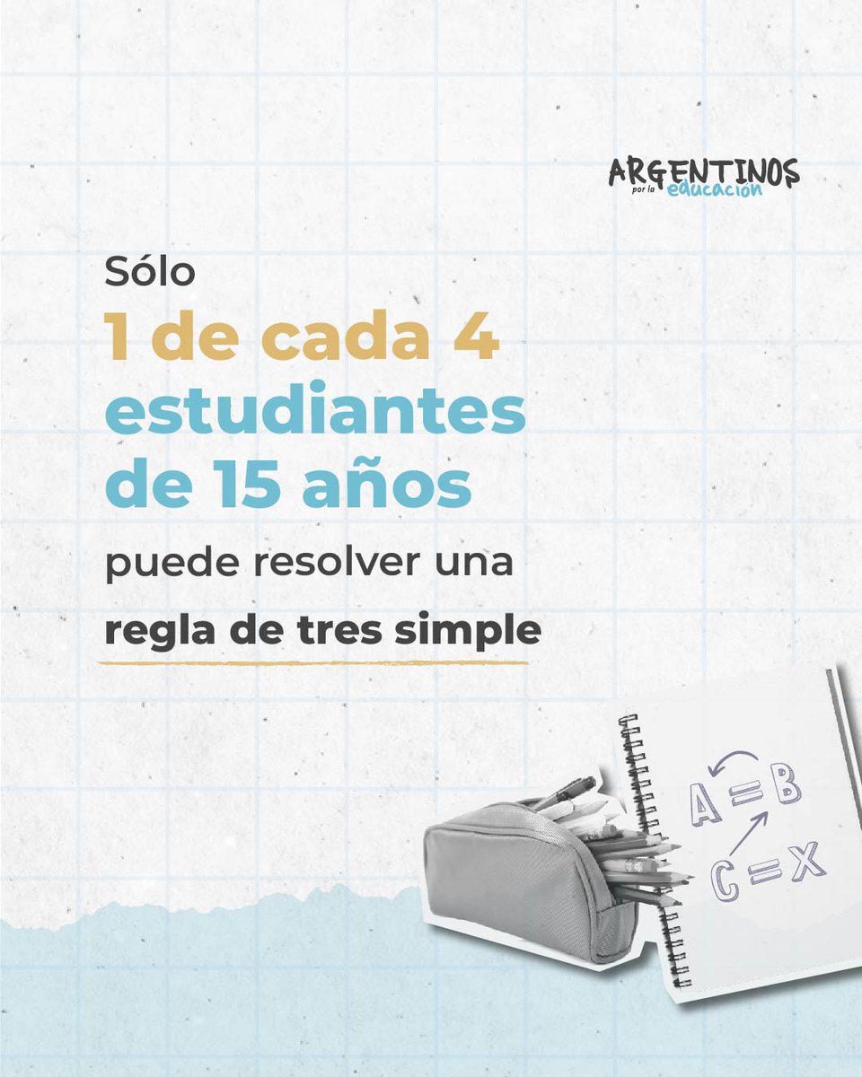La mayor parte de los estudiantes argentinos de 15 años no logra resolver un ejercicio básico de matemática.

Sigue hilo ⬇️
