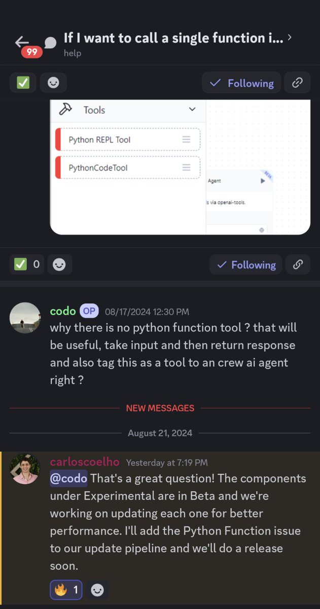 zaph0id's tweet image. When the OSS folks treat the question I posted as great, and also mark it for the release pipeline of tasks, feels good to help around and test upcoming frameworks in gen ai 🙂 #langflow
