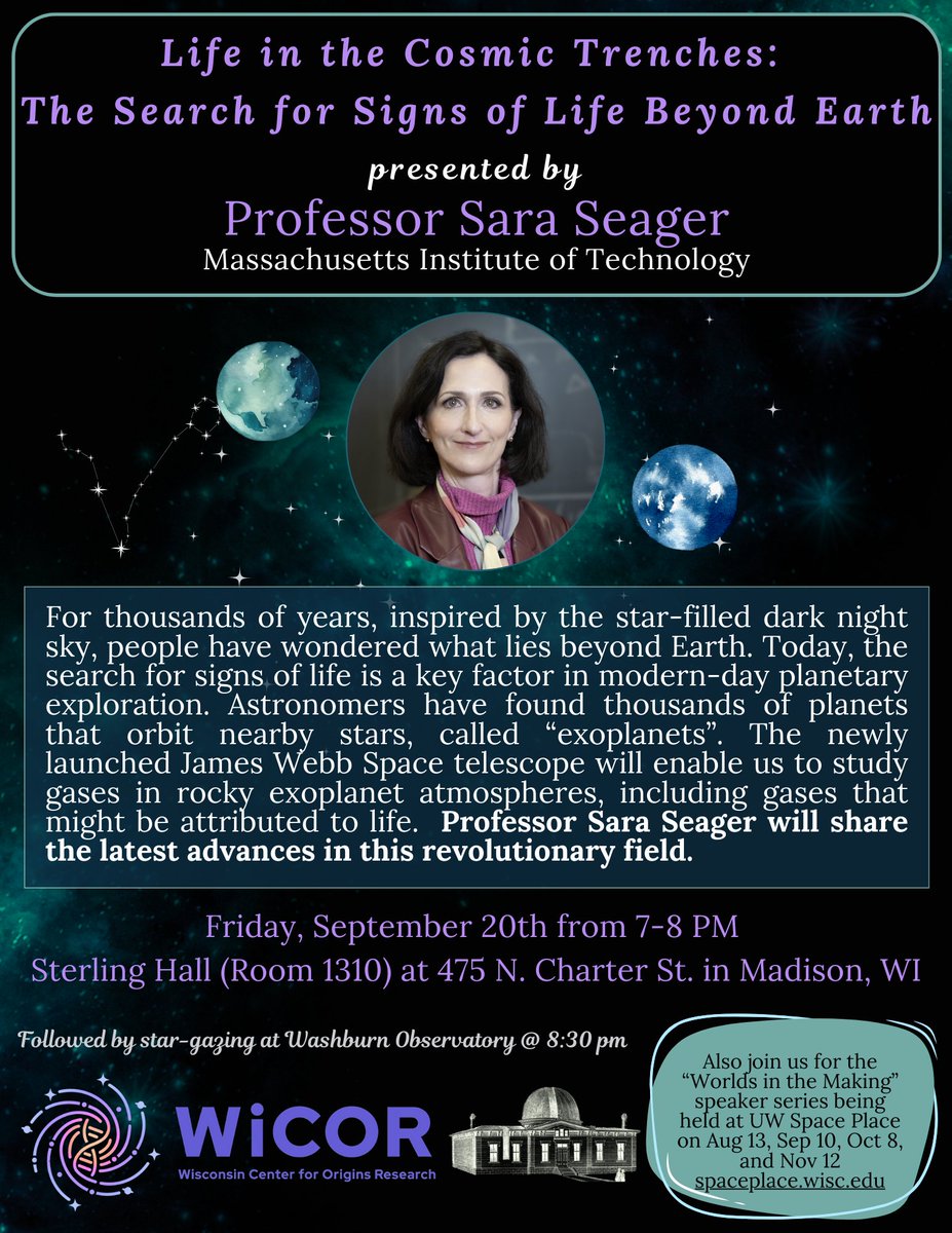 Badger Talks (@uwbadgertalks) on Twitter photo Join us for the launch of the Wisconsin Center for Origins Research! We're excited to kick off the event with Professor Sara Seager from MIT. Be there on 9/20 at 7 PM in Sterling Hall for her public talk, followed by an open house at Washburn Observatory. <a href="/uwastro/">UW-Madison Astronomy</a> <a href="/UWSpacePlace/">UW Space Place</a> Join us for the launch of the Wisconsin Center for Origins Research! We're excited to kick off the event with Professor Sara Seager from MIT. Be there on 9/20 at 7 PM in Sterling Hall for her public talk, followed by an open house at Washburn Observatory. <a href="/uwastro/">UW-Madison Astronomy</a> <a href="/UWSpacePlace/">UW Space Place</a>