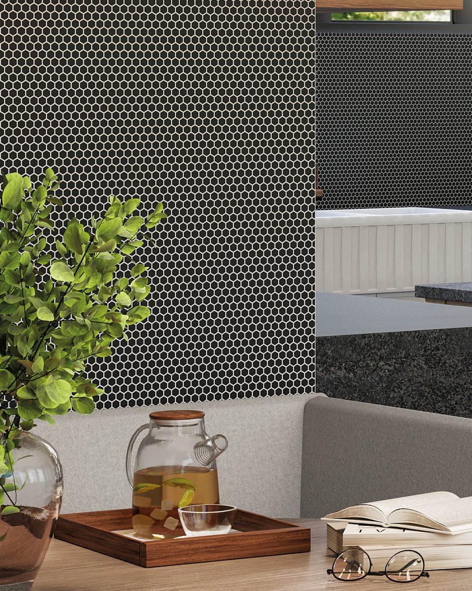 Choose from Matte Grey, Black, or Blue for the 5/8” Hexagon Mosaic, the perfect centerpiece for your next remodel. Made from pressed and fired glass, this mosaic offers a timeless design with easy upkeep.

#JeffreyCourtInc #ThePress #GlassTile #KitchenMakeover #TileStyle