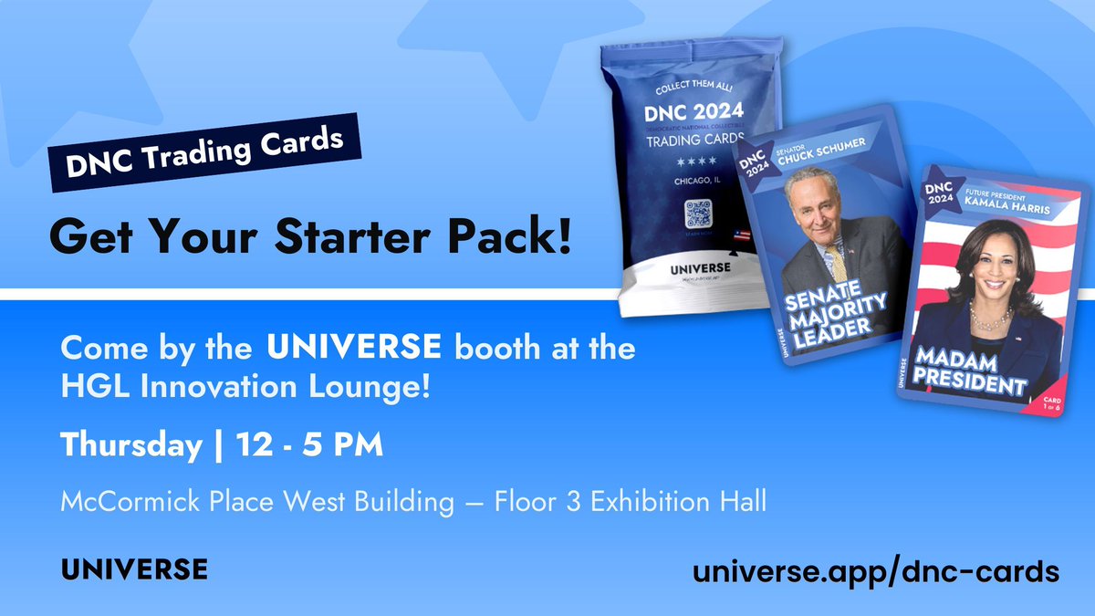 Is it the last day of the #DemConvention already? If you haven’t already started collecting #DNCTradingCards, the time is now! Come by the UNIVERSE booth at the <a href="/highergroundlab/">Higher Ground Labs</a> Innovation Lounge today between 12-5 PM. Pick out your favorite cards and learn more about us!