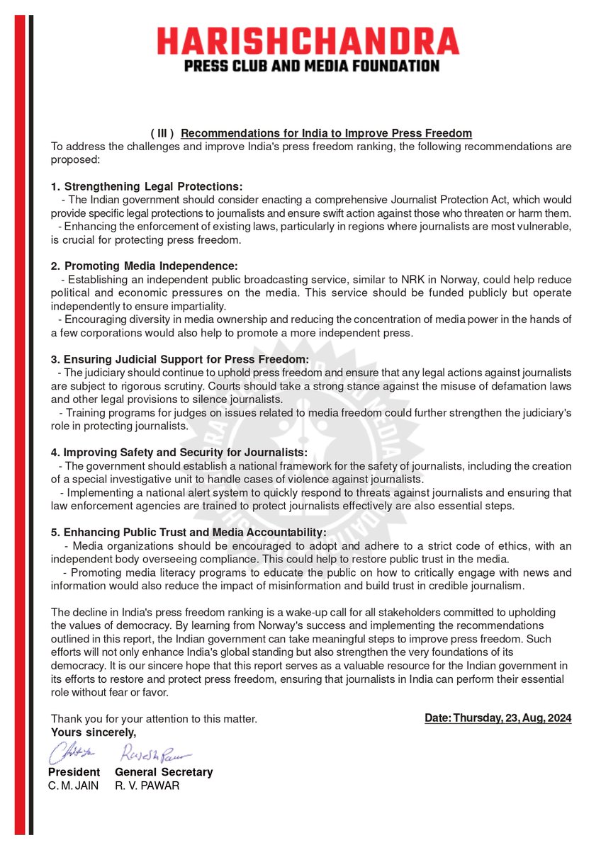 HPCMF_Org's tweet image. A Proposal for Enhancing India&apos;s Press Freedom: Insights from Norway&apos;s Success and Recommendations for Strengthening Indian Democracy.

#journalism #mediafoundation