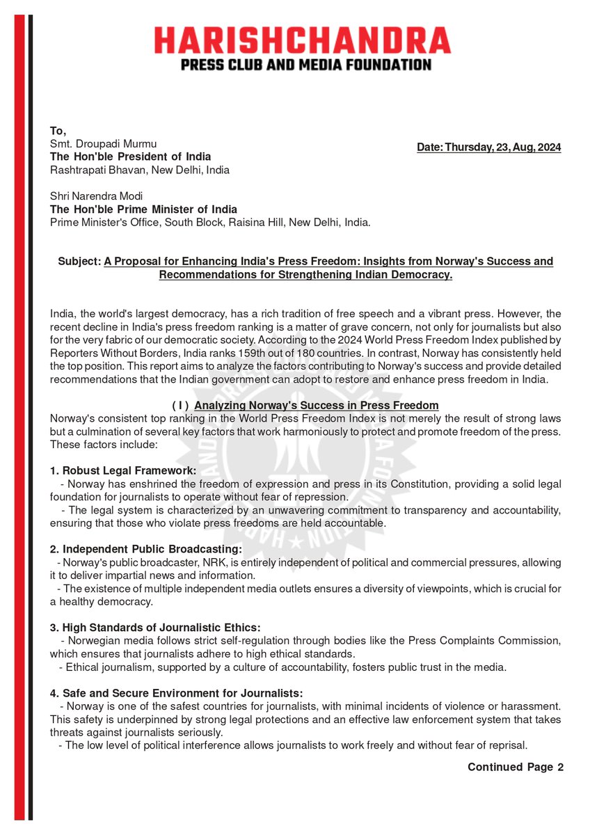HPCMF_Org's tweet image. A Proposal for Enhancing India&apos;s Press Freedom: Insights from Norway&apos;s Success and Recommendations for Strengthening Indian Democracy.

#journalism #mediafoundation