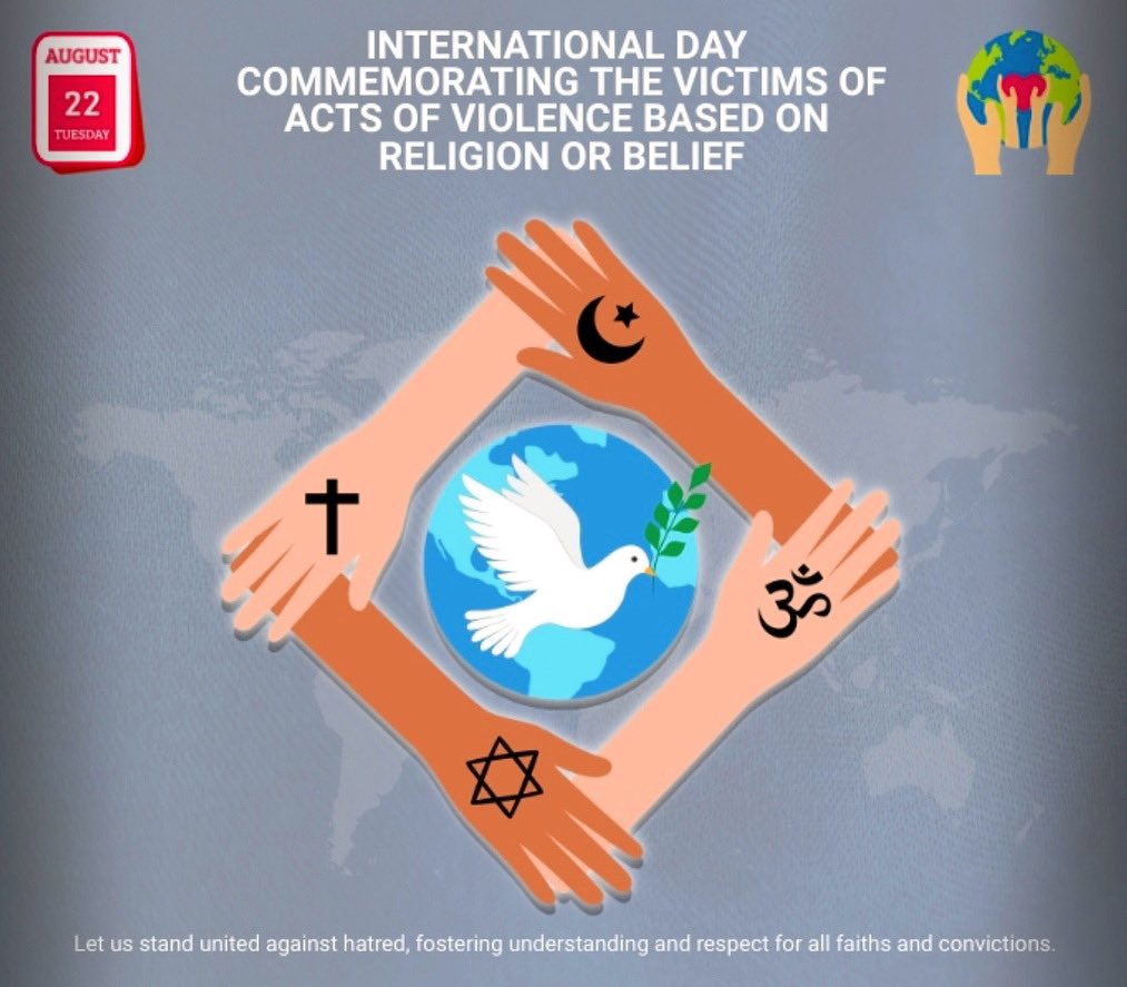 MochaJuden's tweet photo. August 22, International Day Commemorating the Victims of Acts of Violence Based on Religion or Belief, a day designated by the U.N. for States to step up their efforts to combat intolerance, discrimination and violence against persons based on religion or belief. https://t.co/RZxTwhuhnc