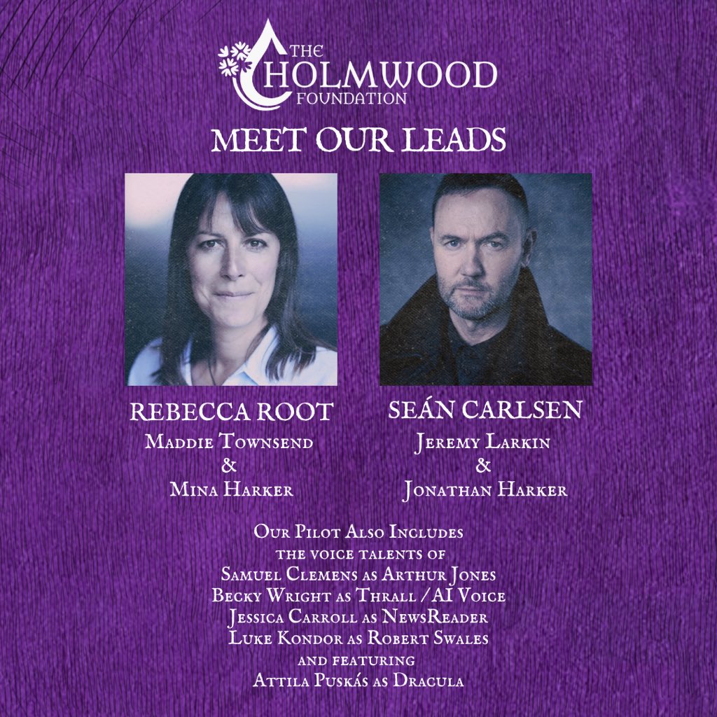 The Holmwood Foundation (@theholmwoodfnd) on Twitter photo ✨CAST ANNOUNCEMENT!✨
The Holmwood Foundation are proud to present our cast/crew for our pilot episode: Across the Moors.
Rebecca Root @rebeccaroot1969 as Maddie Townsend and Mina Harker, & Seán Carlsen <a href="/SeanCarlsen1/">Seán Carlsen</a> as Jeremy Larkin and Jonathan Harker.
1/4 ✨CAST ANNOUNCEMENT!✨
The Holmwood Foundation are proud to present our cast/crew for our pilot episode: Across the Moors.
Rebecca Root @rebeccaroot1969 as Maddie Townsend and Mina Harker, & Seán Carlsen <a href="/SeanCarlsen1/">Seán Carlsen</a> as Jeremy Larkin and Jonathan Harker.
1/4