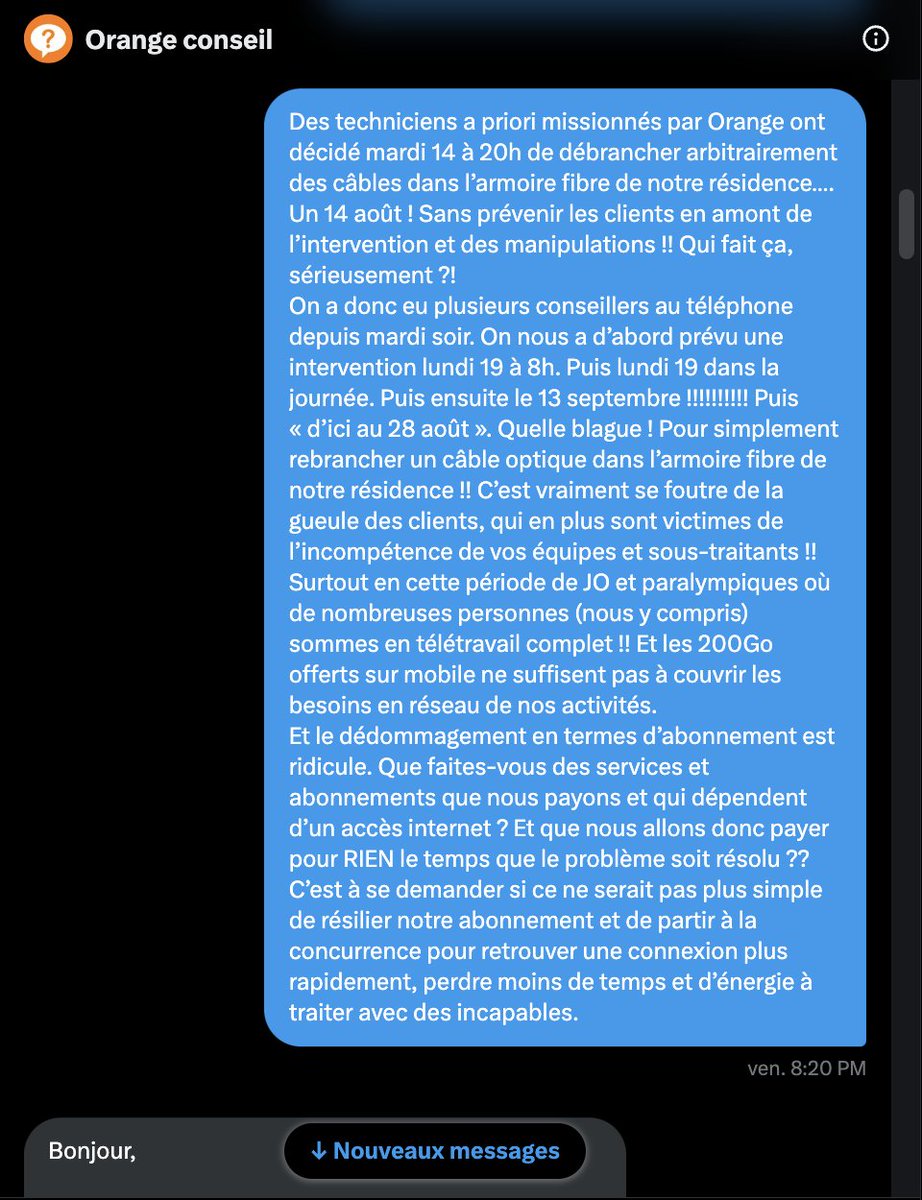 _Miss_Clark_'s tweet photo. Voici le feuilleton de mon été avec @Orange_France @Orange_conseil : 
"Dialogue de sourd ou comment j'ai perdu mon sang-froid face à des robots"
La nouvelle série à suspense qui vous ferait presque regretter Free.

La question restant : va-t-on retrouver le net avant le 13/09 ? https://t.co/lTBVLgzbhQ