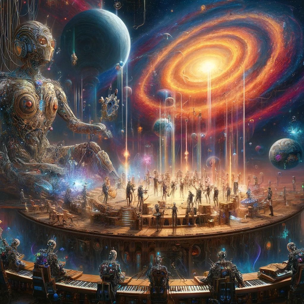 HumanAIArt's tweet photo. Midjourney vs Dall-E: "Celestial Symphony"
Join a cosmic concert where humans and AI create music among the stars. A scene of harmony and creativity in a universal symphony.

#CosmicConcert #CyberpunkArt #SciFi #AI #DigitalArt https://t.co/i5RzkphuFS
