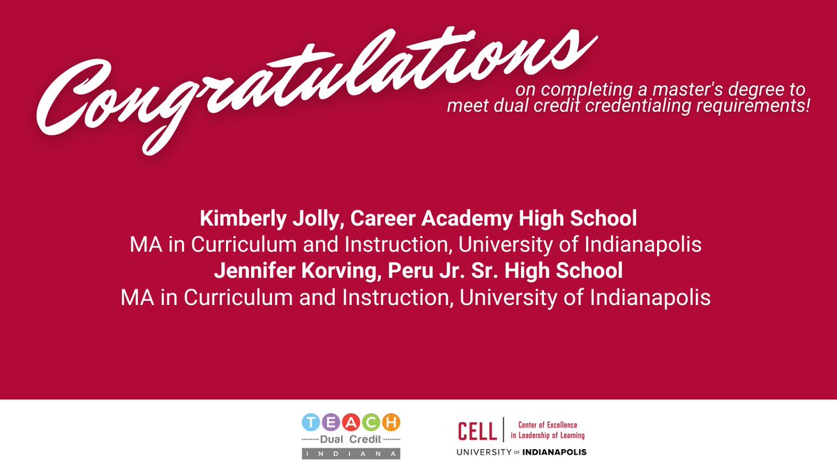CELLuindy's tweet photo. 🎉 Congratulations to these teachers for completing a master's degree through #TeachDualCreditIN to meet #dualcredit credentialing requirements! https://t.co/SwOiWMELuZ   

@HigherEdIN @INvestEdIndiana @PeruSchools https://t.co/sFcN9ewbIR
