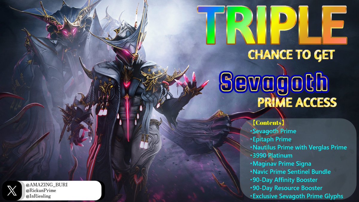 RickunPrime's tweet photo. 🎁3x Sevagoth Prime Giveaways!🎁

1⃣,Follow me &amp; @AMAZING_BURI &amp; @InRiesling 2⃣,Repost this post 
3⃣,Enable DM

Three winners will be chosen by TwitterPicker on 8/30 at 20:00 (JST)! 
(There will be no winner announcement via my streaming this time. Sry)

Courtesy of @PlayWarframe https://t.co/6qDXC0FWl6
