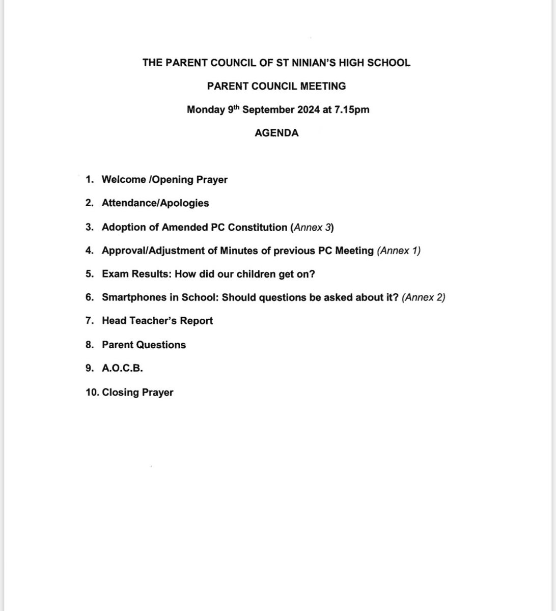 StNiniansPc's tweet photo. Please also see, 

The Agenda for the PC Meeting Monday 9 September 2024 at 7.15pm.

Full document with all annex available on our Facebook group 😊 https://t.co/iZ3Yep34Zf