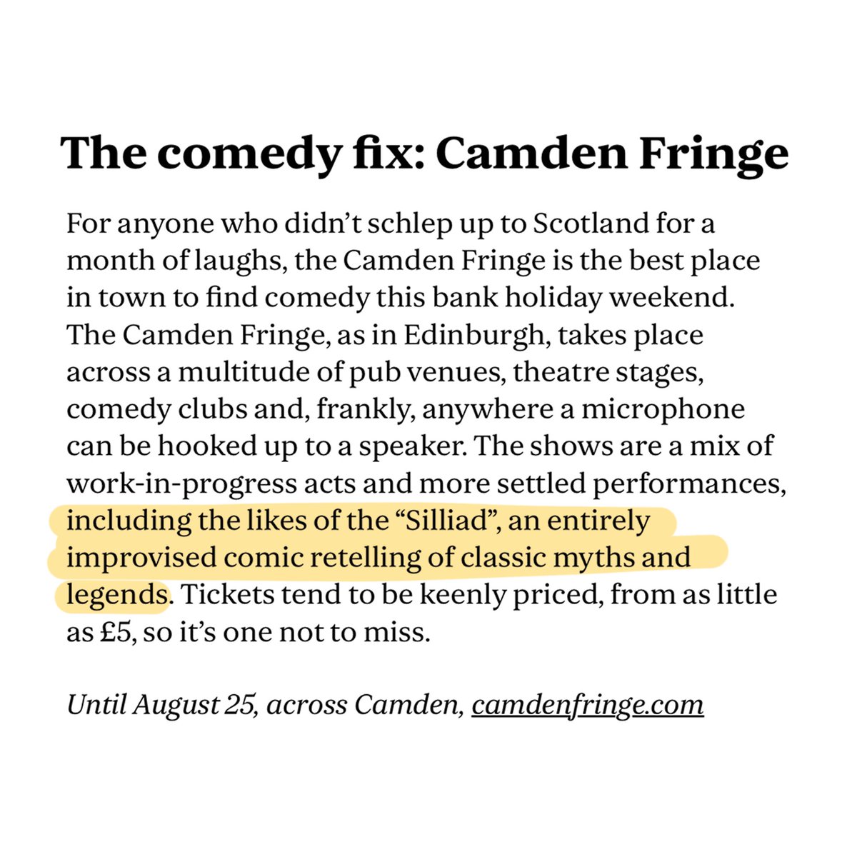 The Silliad (@thesilliad) on Twitter photo Thank the gods!! Can’t believe we were mentioned in @EveningStandard article on ‘Things to do in London this bank holiday weekend’.
Now take it from them and get booking before it’s too late.
📆 24 August
⏰ 8:30pm
📍<a href="/museumofcomedy/">Museum of Comedy</a> <a href="/CamdenFringe/">Camden Fringe</a>
🎟️: museumofcomedy.ticketsolve.com/ticketbooth/sh… Thank the gods!! Can’t believe we were mentioned in @EveningStandard article on ‘Things to do in London this bank holiday weekend’.
Now take it from them and get booking before it’s too late.
📆 24 August
⏰ 8:30pm
📍<a href="/museumofcomedy/">Museum of Comedy</a> <a href="/CamdenFringe/">Camden Fringe</a>
🎟️: museumofcomedy.ticketsolve.com/ticketbooth/sh…