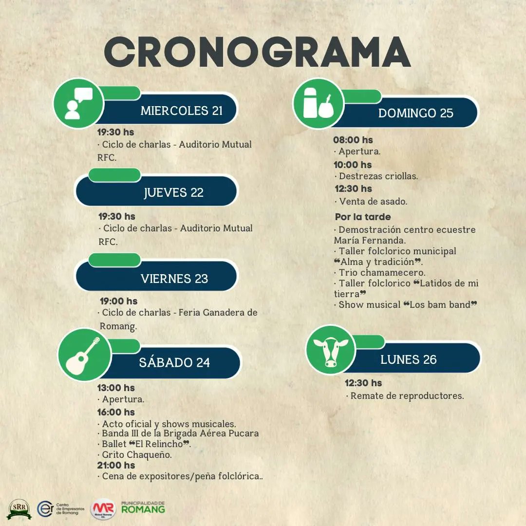 5° Expo Campo &amp; Ciudad 2024 en Romang 🚜 
Será los días 21 al 26 de agosto, comenzando con ciclos de charlas en el Auditorio Mutual RFC, continuando a partir del viernes  en el predio de la Feria Ganadera de Romang. Exposición comercial e industrial. Gastronomía y espectáculos.