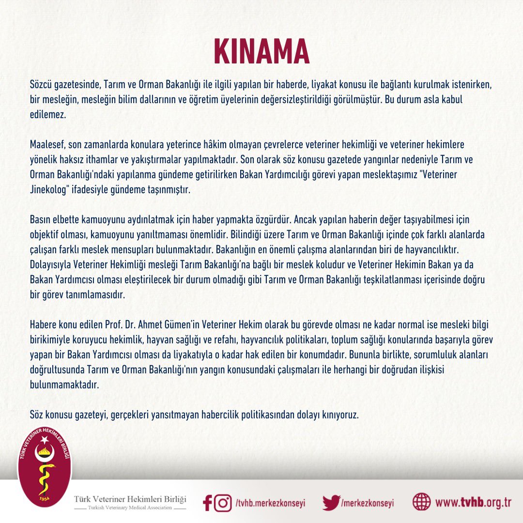 Sözcü gazetesinde, Tarım ve Orman Bakanlığı ile ilgili yapılan bir haberde, liyakat konusu ile bağlantı kurulmak istenirken, bir mesleğin, mesleğin bilim dallarının ve öğretim üyelerinin değersizleştirildiği görülmüştür. Bu durum asla kabul edilemez.
 
Maalesef, son zamanlarda