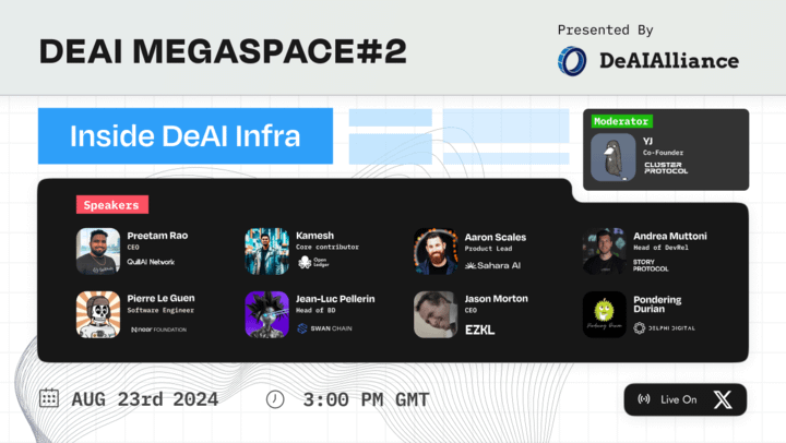 Openledger (@openledgerhq) on Twitter photo All geared up for DeAI Alliance MegaSpace#2 on August 23rd, 3 PM GMT.
<a href="/ElangovanKamesh/">Kamesh ๐๐ฉ๐๐ง๐๐๐๐ ๐๐ซ ๐บ๐ธ</a> - Our core contributor will be joining the expert panel consisting of
<a href="/raopreetam_/">Preetam | QuillAudits ๐ฅท๐</a> from <a href="/QuillAI_Network/">{QuillAI Network}</a>
<a href="/aaronmscales/">Aaron Maxwell Scales | Sahara AI</a> from <a href="/SaharaLabsAI/">Sahara AI ๐</a>
<a href="/JL_Pellerin/">Jean-Luc Pellerin ๐</a> from <a href="/swan_chain/">Swan Chain (formerly FilSwan)</a>
<a href="/devrelius/">Andrea (Marcus Devrelius)</a> from All geared up for DeAI Alliance MegaSpace#2 on August 23rd, 3 PM GMT.
<a href="/ElangovanKamesh/">Kamesh ๐๐ฉ๐๐ง๐๐๐๐ ๐๐ซ ๐บ๐ธ</a> - Our core contributor will be joining the expert panel consisting of
<a href="/raopreetam_/">Preetam | QuillAudits ๐ฅท๐</a> from <a href="/QuillAI_Network/">{QuillAI Network}</a>
<a href="/aaronmscales/">Aaron Maxwell Scales | Sahara AI</a> from <a href="/SaharaLabsAI/">Sahara AI ๐</a>
<a href="/JL_Pellerin/">Jean-Luc Pellerin ๐</a> from <a href="/swan_chain/">Swan Chain (formerly FilSwan)</a>
<a href="/devrelius/">Andrea (Marcus Devrelius)</a> from