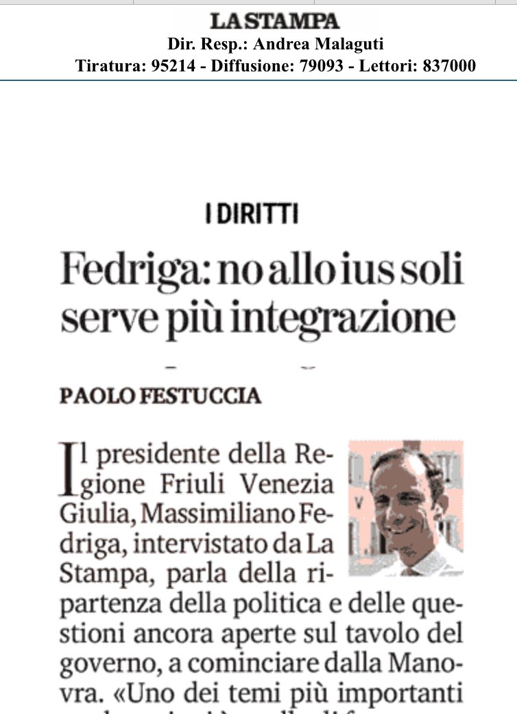vitalbaa's tweet photo. Intervista a Fedriga, che sullo ius scholae non la racconta giusta. Lo ius scholae:

1) non serve solo e tanto all’attribuzione di diritti ai minori stranieri (e non è vero che hanno tutti i diritti: ad esempio, non possono andare in gita scolastica all’estero);

2) serve a creare una maggiore integrazione, quindi è condizione essenziale per l’integrazione stessa, e non viceversa. Respingere i minori, nel senso di non considerarli parte della comunità nazionale e farli sentire diversi dagli altri, negando loro la cittadinanza anche quando abbiano completato un ciclo scolastico e sappiano l’italiano, risponde alla precisa volontà di NON farli integrare.

In altre parole, non concedere loro la cittadinanza fa sì che abbiano meno opportunità di integrarsi e significa assicurarsi la possibilità di continuare a lamentarsi della loro mancata integrazione.

Un piano perfetto.