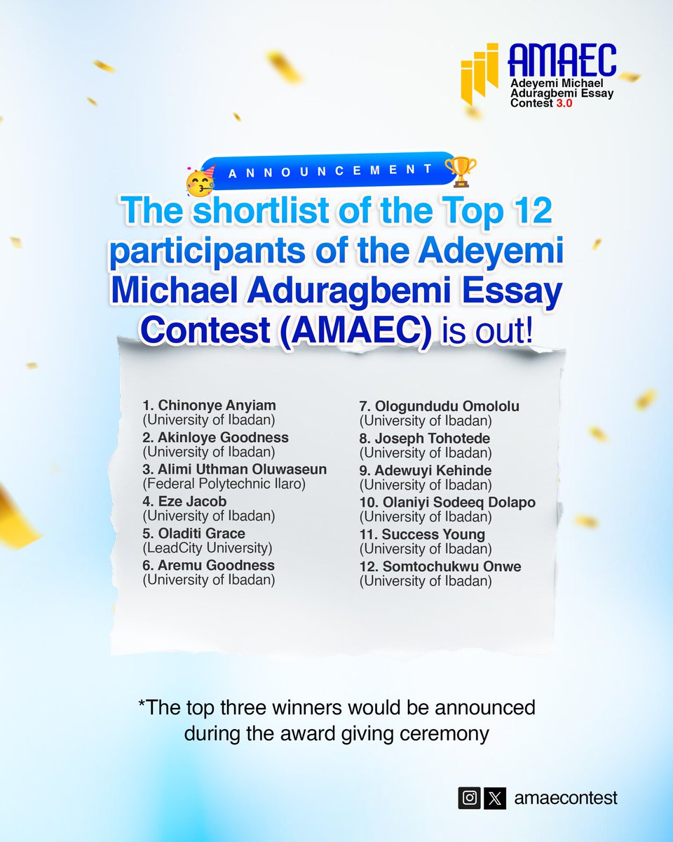 AMAECONTEST's tweet photo. This is to bring to your notice that we have our top 12 finalists of the ADEYEMI MICHAEL ADURAGBEMI ESSAY CONTEST 3.0
Congratulations to the Finalists! https://t.co/N6plaTEUrj