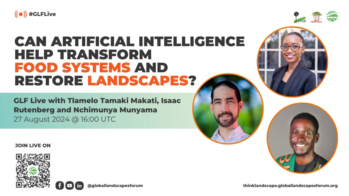Global Landscapes Forum (GLF) (@globallf) on Twitter photo Can Artificial Intelligence (AI) help restore ecosystems and transform food systems?
Join us for a #GLFLive discussion! Learn more and save the date: …nklandscape.globallandscapesforum.org/glf-live/
#GLFAfrica #ThinkLandscape
<a href="/CIFOR_ICRAF/">CIFOR-ICRAF</a> @NetaGrow <a href="/AntonTechBW/">Anton Tech</a> Can Artificial Intelligence (AI) help restore ecosystems and transform food systems?
Join us for a #GLFLive discussion! Learn more and save the date: …nklandscape.globallandscapesforum.org/glf-live/
#GLFAfrica #ThinkLandscape
<a href="/CIFOR_ICRAF/">CIFOR-ICRAF</a> @NetaGrow <a href="/AntonTechBW/">Anton Tech</a>