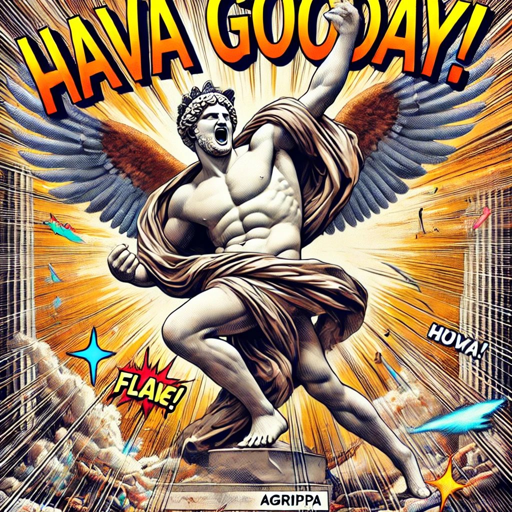 #havagoodday #LFG #meme #agrippa #energy 

#prompt : A meme-style artwork featuring the ancient statue of Agrippa with large feathered wings mid-flap and roaring, with both arms fully extended and visible. The statue is set against a powerful fine art background. The image is
