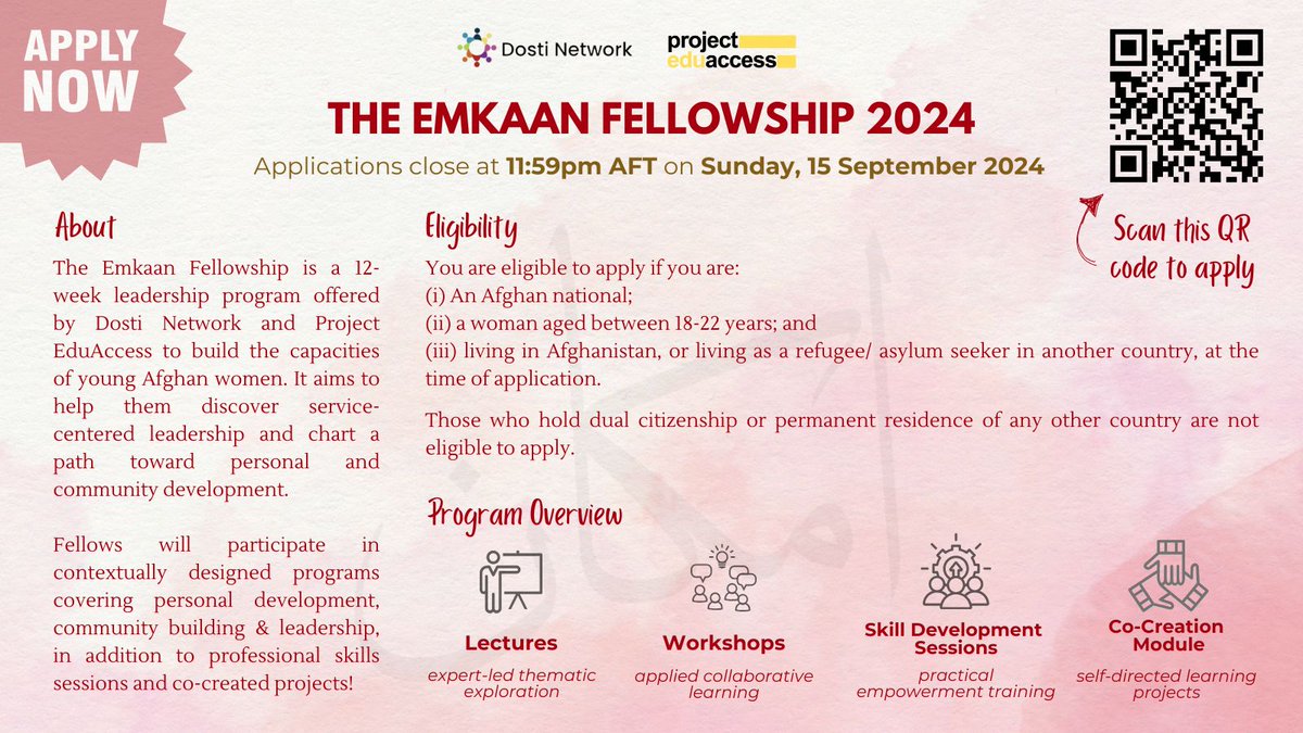 Dosti Network and <a href="/ProjEduAccess/">Project EduAccess</a> are delighted to announce the Emkaan Fellowship 2024, a 12-week leadership and capacity-building program for young Afghan women! Apply now: dostinetwork.org/emkaan-fellows…