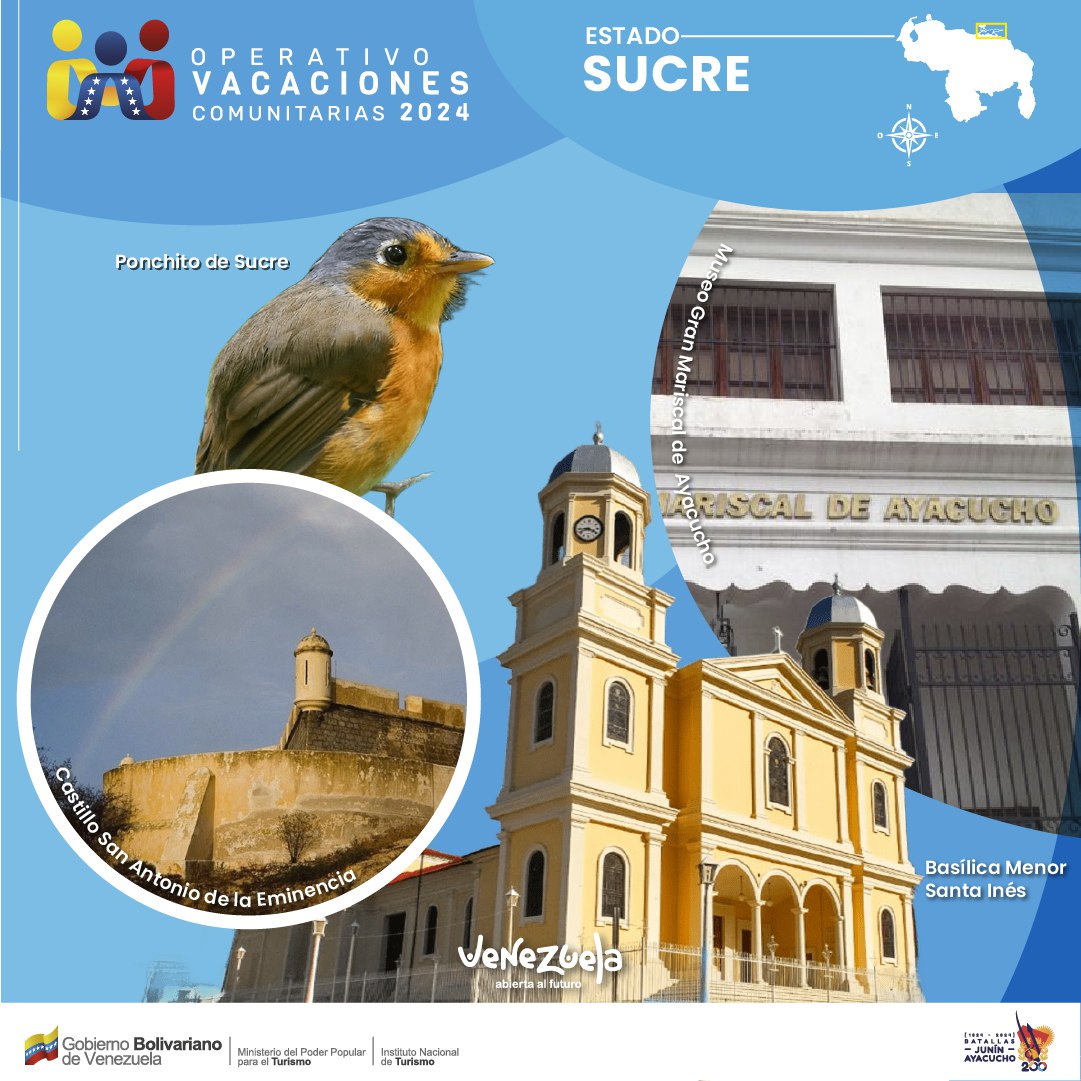 Durante esta temporada vacacional te invitamos a disfrutar de los destinos turisticos del estado Sucre.

¡ Venezuela Abierta al Futuro!
 
#venezuelaabiertaalfuturo #vacacionescomunitarias2024 #inatur #tueresinatur #sucre
