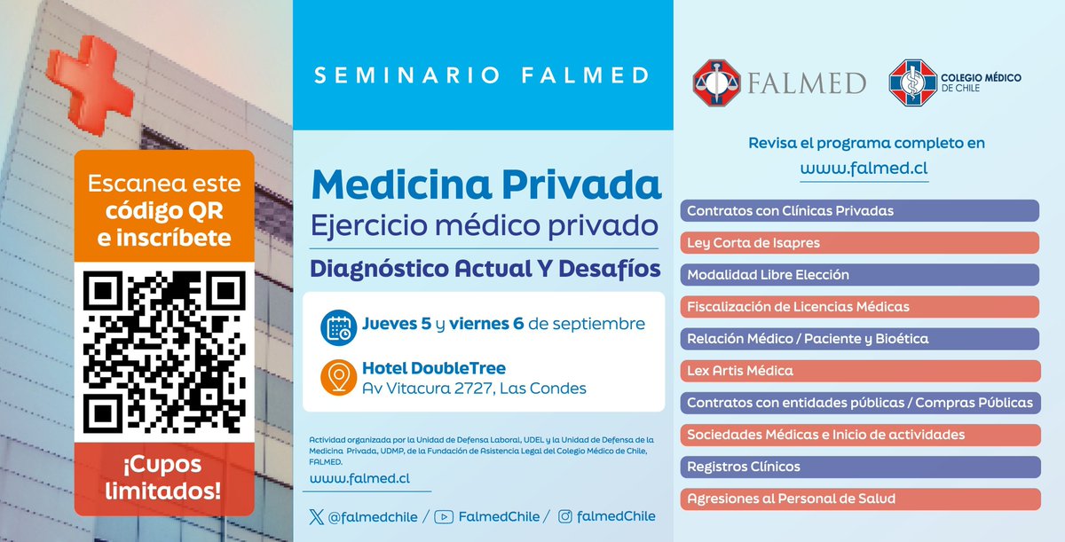 colmedchile's tweet photo. 🚨 Las inscripciones para el "Seminario Medicina Privada: Ejercicio Médico Privado, Diagnóstico actual y Desafíos" organizado por
@falmedchile
y su Unidad de Defensa de la Medicina Privada, #UDMP, ¡siguen abiertas!
✅ Contratos con clínicas privadas, fiscalización de licencias médicas, agresiones al personal de salud, son algunas de las charlas del seminario.
Inscríbete en https://t.co/wh4UY9zdKY
Más Info. https://t.co/ScBoxlWDeG 💻
¡Te esperamos! 🤝 ⚕️