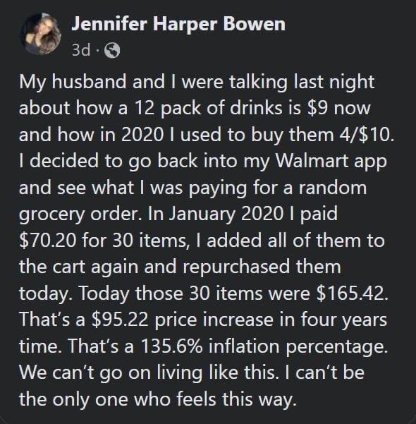 WallStreetMav's tweet image. If you look at the fake govt data, they claim grocery inflation is only in the 20% to 25% range overall since 2020.

If you look at the real world prices with your own eyes, most items are up 50% to 150% since 2020.