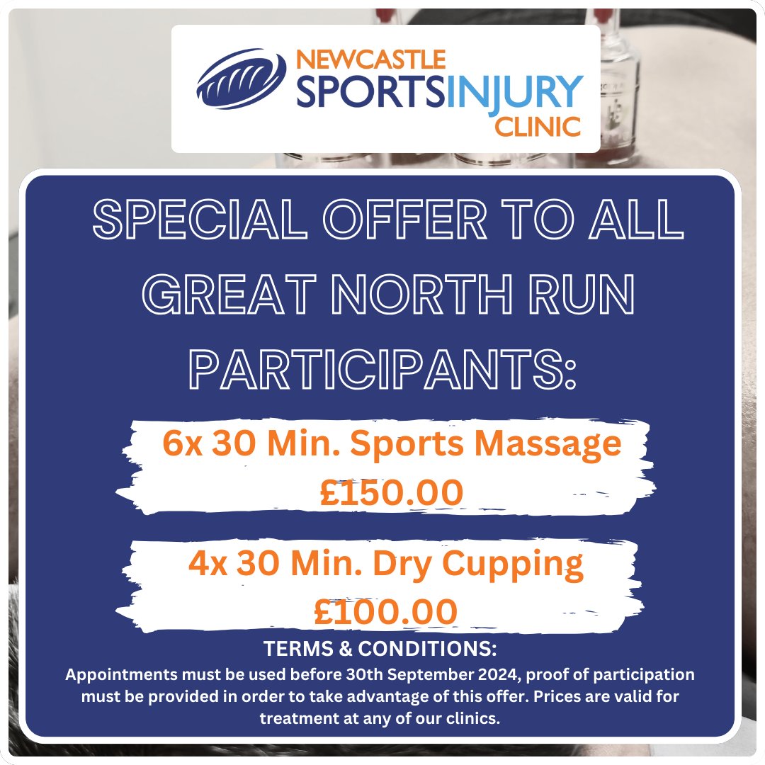 We have a great offer for all participants of the Great North Run 2024 where you can purchase our sports massage or cupping service in a neat package. See details below: