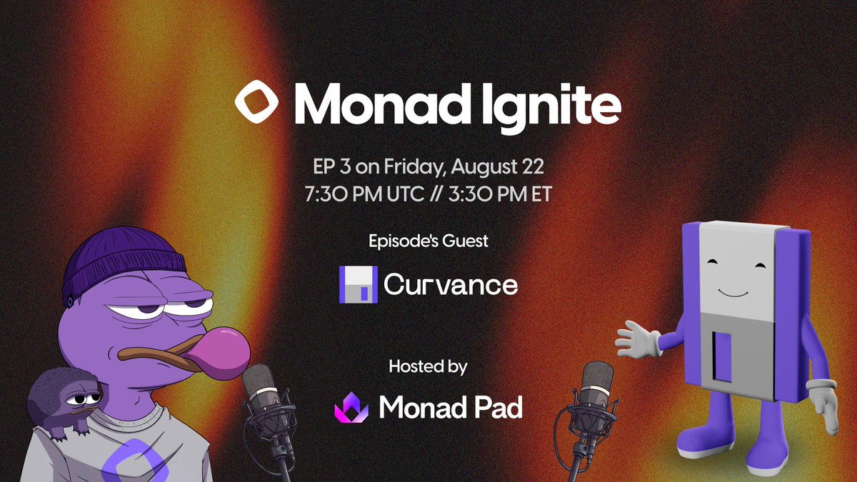 We're excited to announce our third guest on Monad Ignite! 🔥

<a href="/Curvance/">Curvance</a> will be joining us tomorrow at 7:30 PM UTC.

Curvance is a modular protocol for optimized liquidity management. Collateralize, leverage, and earn boosted rewards across DeFi.

#Monad #Gmonad #MonadIgnite