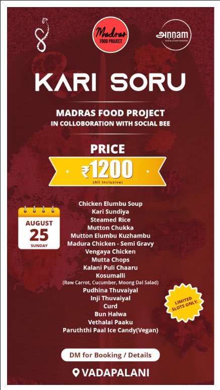 socialbeechn's tweet photo. The Kari Soru, this time in association with Madras Food Project is happening at Vadapalani for lunch this Sunday. DM us for booking details.

This is happening from a home kitchen. So limited seats and pre booking is mandatory.

#SocialBeePopUp #KariSoru https://t.co/1R8palqUjN