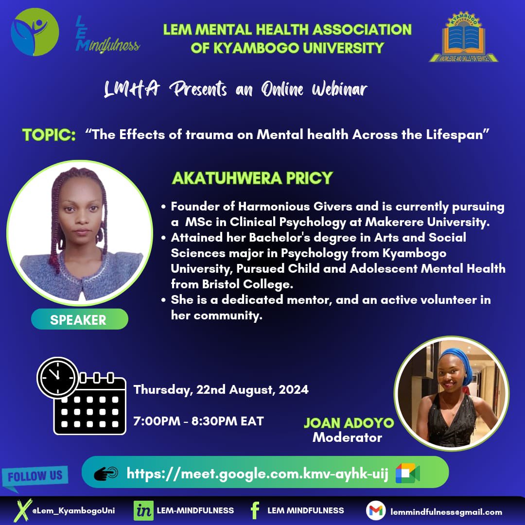 AKATUHWERA PRICY (@eclaire_pricey) on Twitter photo Many a time we say “I am traumatized” after any sudden happening in our lives.. what really is trauma?? Join us tonight <a href="/LEM_KyambogoUni/">LEM Mental Health Association-KYU</a> Many a time we say “I am traumatized” after any sudden happening in our lives.. what really is trauma?? Join us tonight <a href="/LEM_KyambogoUni/">LEM Mental Health Association-KYU</a>