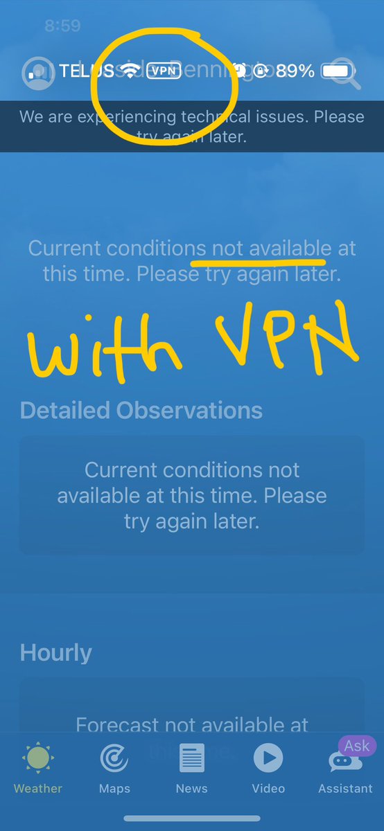 JulienLaPointe's tweet photo. @weathernetwork Recently your iOS app doesn't work with my VPN. Please see photos.

The problem persists even after updating to your latest release v6.5.11.

I am using an iPhone 13 running iOS v17.5.1 and ExpressVPN v11.163.0.

Thank you for taking time to troubleshoot! https://t.co/PJStwTNIHS