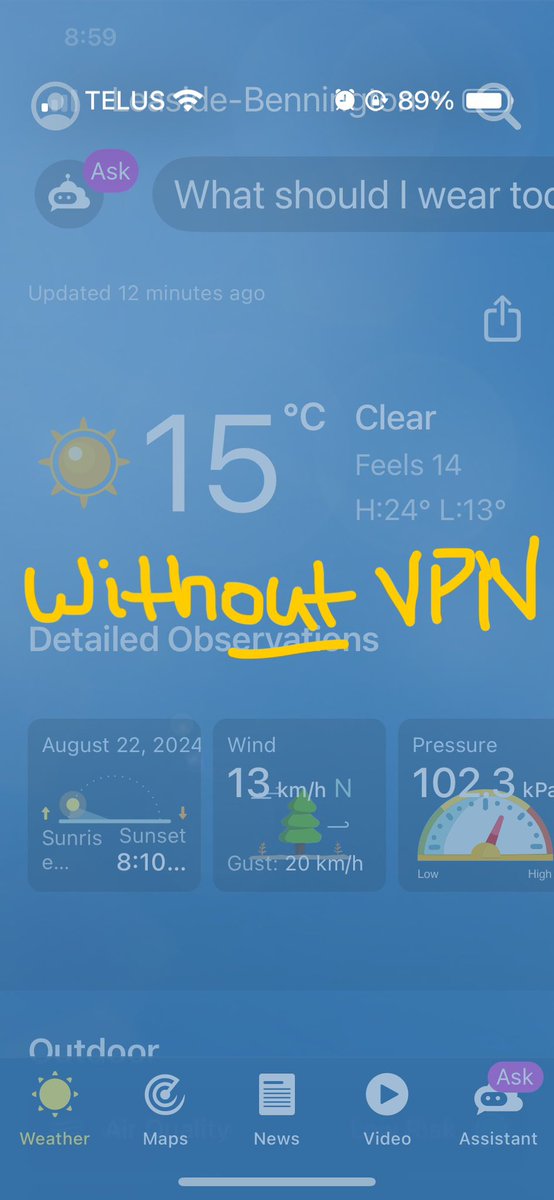 JulienLaPointe's tweet photo. @weathernetwork Recently your iOS app doesn't work with my VPN. Please see photos.

The problem persists even after updating to your latest release v6.5.11.

I am using an iPhone 13 running iOS v17.5.1 and ExpressVPN v11.163.0.

Thank you for taking time to troubleshoot! https://t.co/PJStwTNIHS