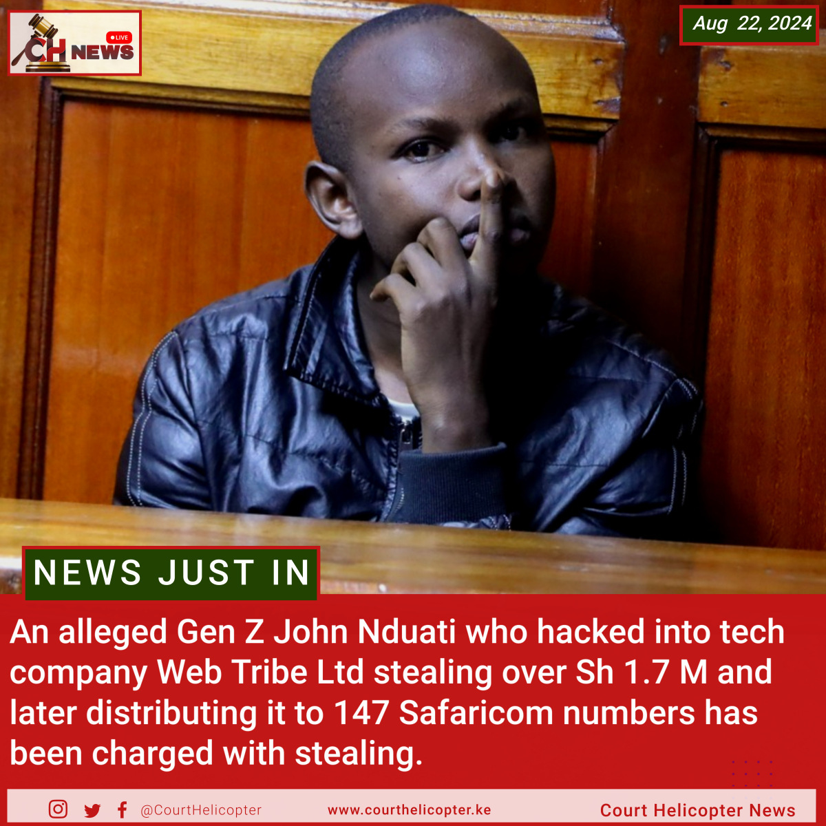 CourtHelicopter's tweet photo. Gen Z hacker John Nduati charged after swiping Sh 1.7M from Web Tribe Ltd and pulling a modern-day Robin Hood—distributing it to 147 Safaricom numbers! 💸 #TechHeist https://t.co/6wqH2cTHjI