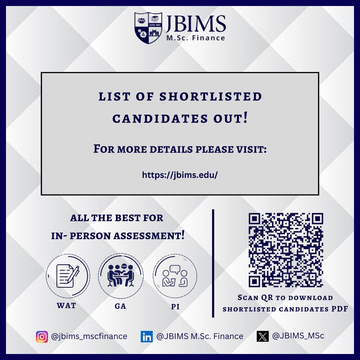JBIMS_MSc's tweet photo. Congrats to all shortlisted for the https://t.co/InSoptydgL. Finance program at JBIMS! 🌟 You’ve come this far—now it’s time to shine in the WAT, group activity, and interview. Believe in yourself; this is just the beginning. Good luck! 

#JBIMS #MSc #Finance #LifeAtJBIMS https://t.co/s9YKqSvj7o