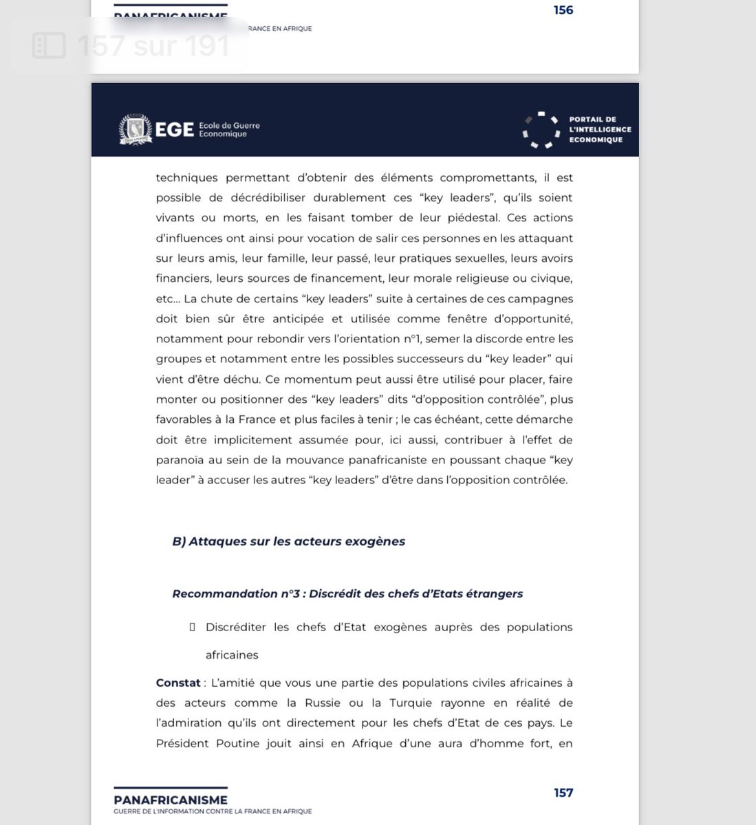 LA STATEGIE FRANÇAISE DE GUERRE CONTRE LE PANAFRICANISME

portail-ie.fr/wp-content/upl…

Le rapport de l’institut français EGE (École de guerre économique ) qui a été remis aux autorités françaises , (notamment les pages 155 et 156  et 157 mais l’intégralité du dossier est à lire 📖