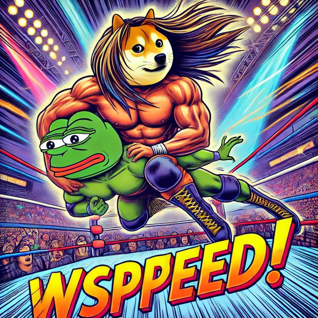 #WWE #WWESpeed #meme #PEPE #doge #wrestling #WrestleMania 

#prompt : A meme-style artwork featuring Doge dressed as a professional wrestler, with wrestling gear and an intense pose, grappling with Pepe the Frog, who has shoulder-length long hair flowing dramatically. They are