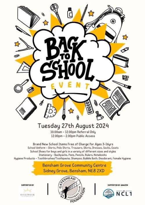 GheadFoundation's tweet photo. We understand that families need a little extra support whilst the Cost of Living continues to soar. We have teamed up with Amazon NCL1 and The Ballinger Trust to provide help in getting your children ready for school. Open to the community from 12-2pm @TheNLTrust https://t.co/E1t97sITfY
