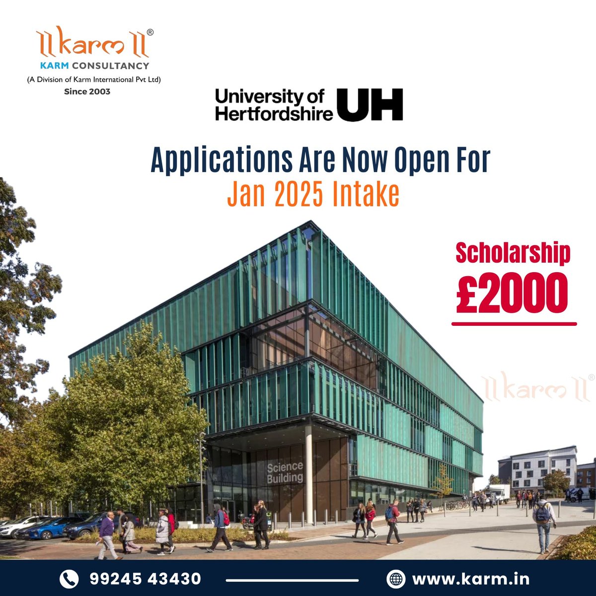 KarmConsultancy's tweet photo. 📢 Exciting news! Applications for the University of Hertfordshire's January 2025 intake are now open, with a £2000 scholarship available. 🎓💼 Enhance your career prospects by studying at a top-tier institution. 
📞 For personalized guidance, contact us at 9924543430. https://t.co/ZOP6dtRNrJ