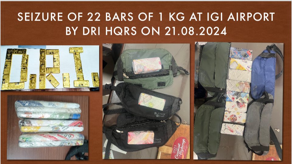 DRI seizes 22 Kg gold (22 gold bars of 1 Kg each) from 3 foreign lady passengers at Delhi IGI Airport.
The gold was concealed in waist belt pouches.