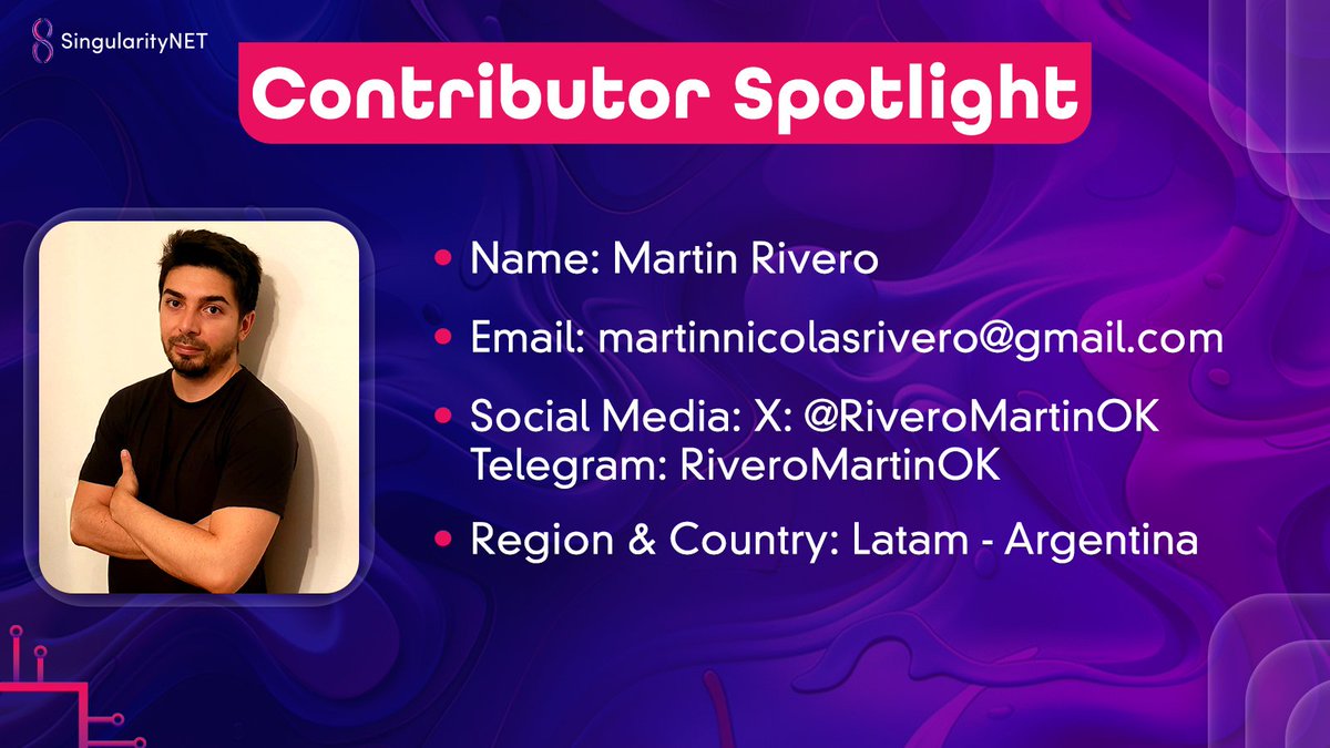 SNET_Ambassador's tweet image. Introducing the Contributor Spotlight #Issue01
This week, we're excited to highlight the incredible work of Martin Rivero! 🌟
Stay tuned to learn more about his contributions to the SingularityNET ecosystem.
1/4👇