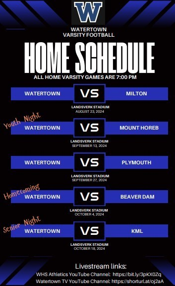 WTTNathletics's tweet photo. WHS Football fans!  Watertown Football has been moved to the East Central Conference this school year.   Here is the HOME schedule for Varsity.  First home game is tomorrow night at 7:00 pm!  Admission is $5.00 for adults and $2.00 for Senior Citizens/middle school students https://t.co/u9DOMO768r