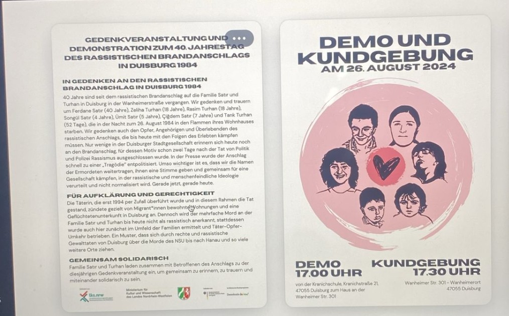 Morgen findet die Auftaktveranstaltung zum 40. Jahrestag des rassistischen Brandanschlags von #Duisburg1984 in Duisburg statt.
Wir werden über Vergangenheit, <a href="/tdsolidaritaet/">Tag der Solidarität</a> über hier und jetzt u. über die aktuellen Anschläge sprechen #solingen. <a href="/MiGAZIN/">MiGAZIN</a> <a href="/Nazisweg/">Kein Platz für Nazis</a> <a href="/Nalan1Yolak/">Nalan Yolak</a>