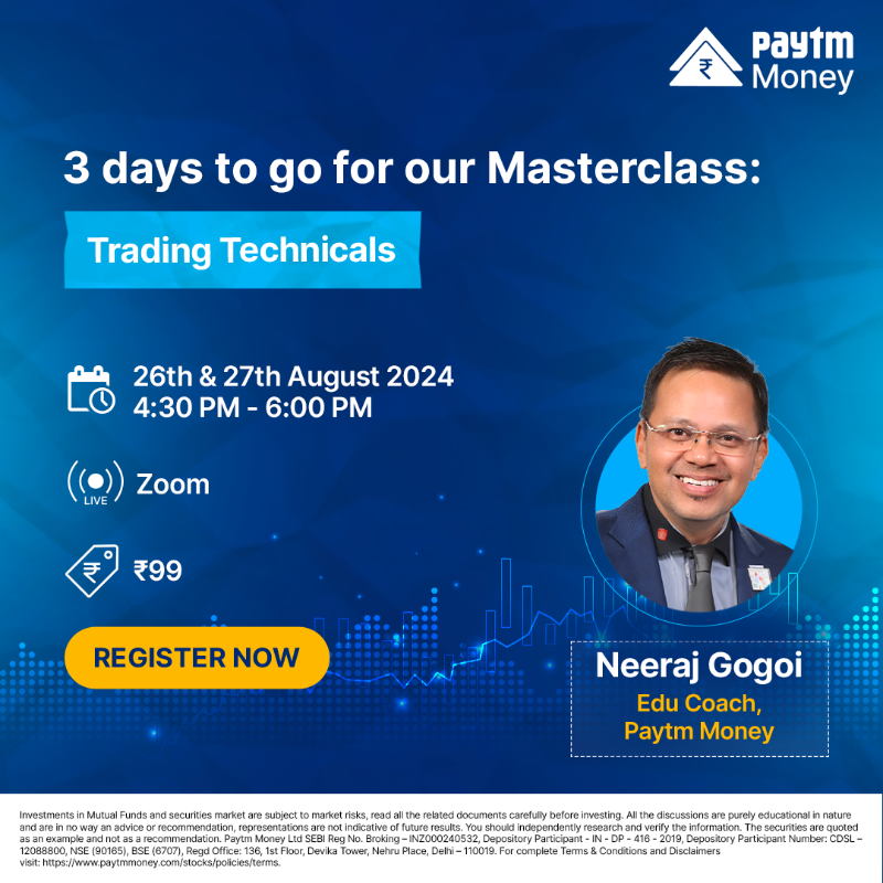 PaytmMoney's tweet photo. Join our #Masterclass ‘#TradingTechnicals’ with Neeraj Gogoi, Edu Coach, Paytm Money. Discover actionable insights to help refine your trading strategies.
Date- 26th & 27th August 2024
Time- 4:30 to 6 PM
Fee- ₹99
#LearnWithPaytmMoney #PaytmMoney #Trading #TradingMasterclass