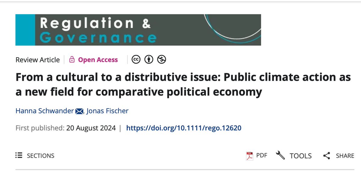 Thrilled to share the publication of our review article with <a href="/HannaSchwander/">hanna schwander</a> on public climate action as a new field for comparative political economy in <a href="/RegGov_journal/">Regulation & Governance</a>:
doi.org/10.1111/rego.1…
1/6